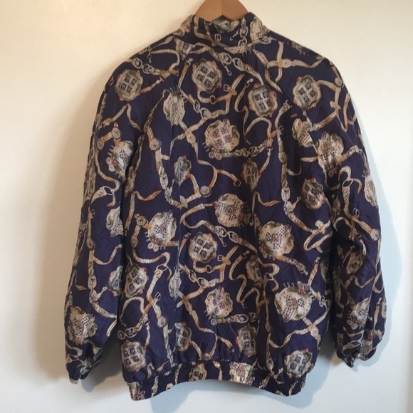 VINTAGE Roberts Stock silk bomber jacket purple cream print size Large - Picture 5 of 9